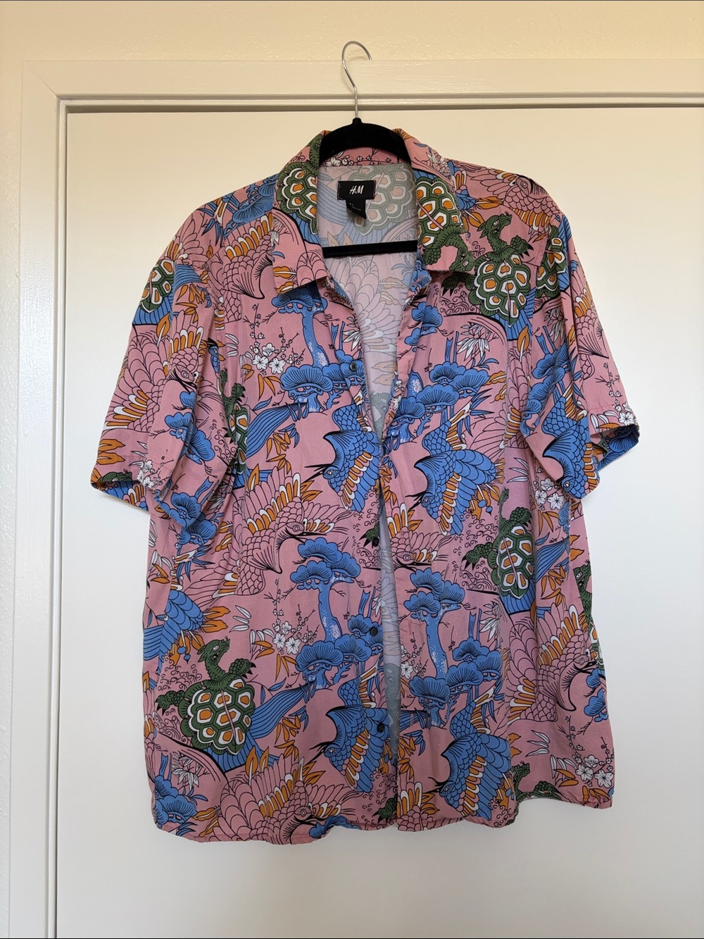 H&M Pink Short-Sleeve Button-Up with Blue & Green Print